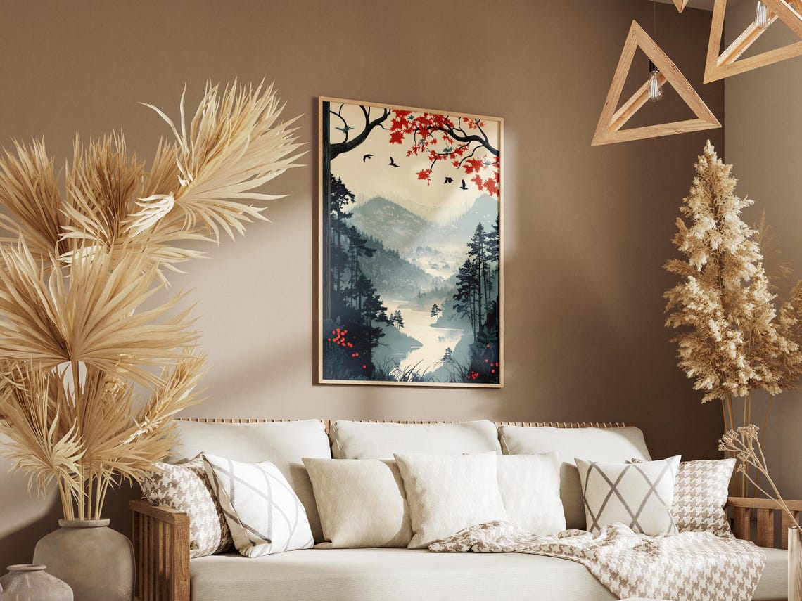 Misty Autumn Lake Valley With Red Maple Branches Birds Poster - Image 3