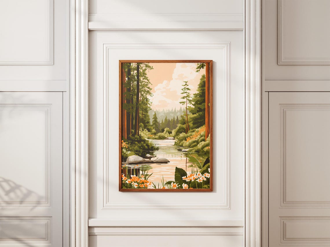 Spring Forest River With Orange Daisies Beneath Tall Trees Poster - Image 2