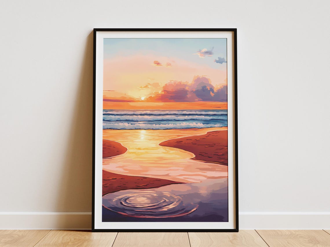 Sunset Beach Tide Pools with Rippled Purple Reflections Poster