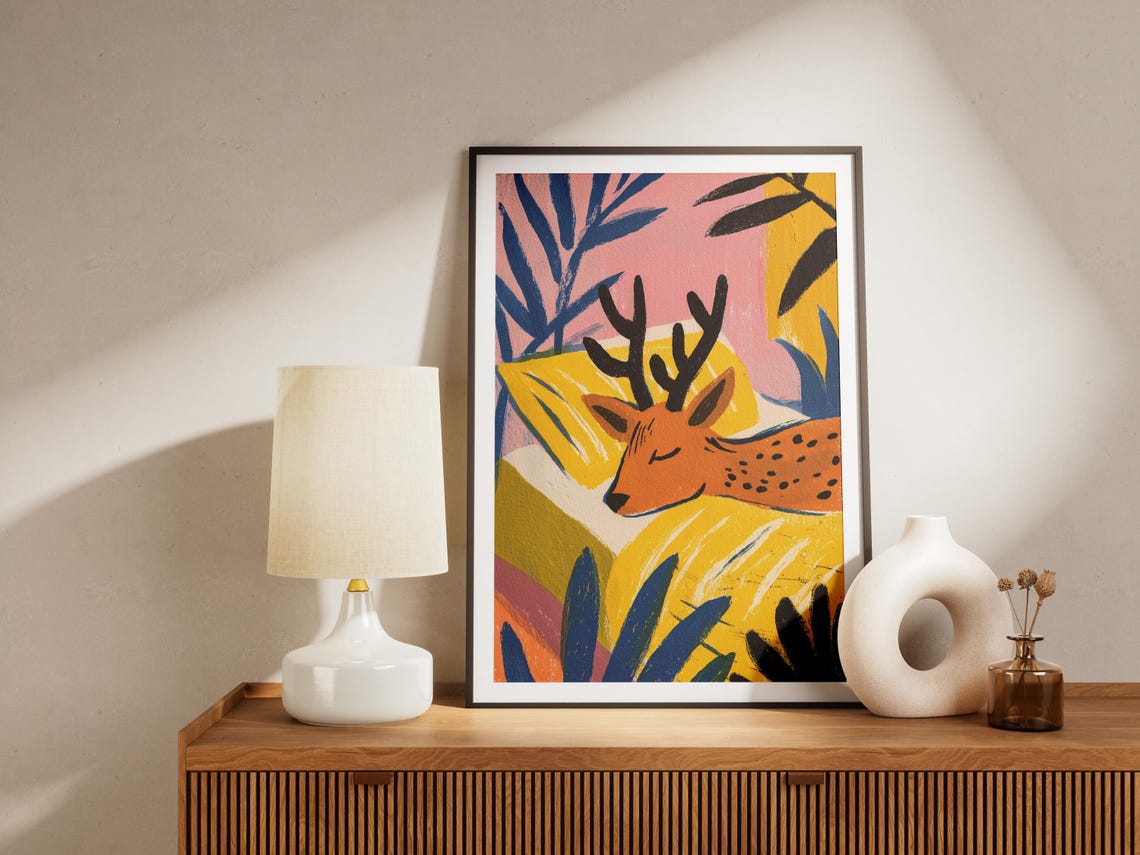 Sleeping Spotted Deer With Antlers Colorful Woodland Animal Poster - Image 4