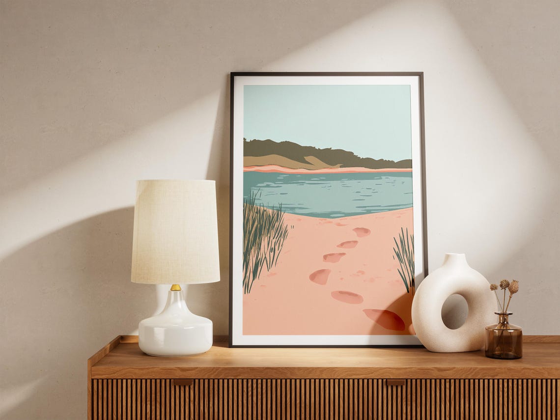 Footsteps On Pink Sand Leading To Calm Blue Lagoon Beach Poster - Image 5