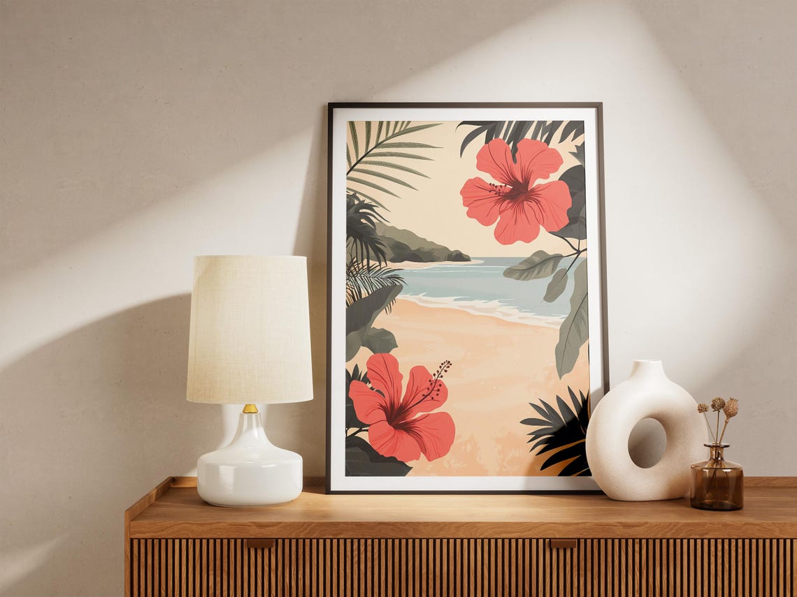 Tropical Beach Poster With Big Red Hibiscus Flowers and Ocean View - Image 5