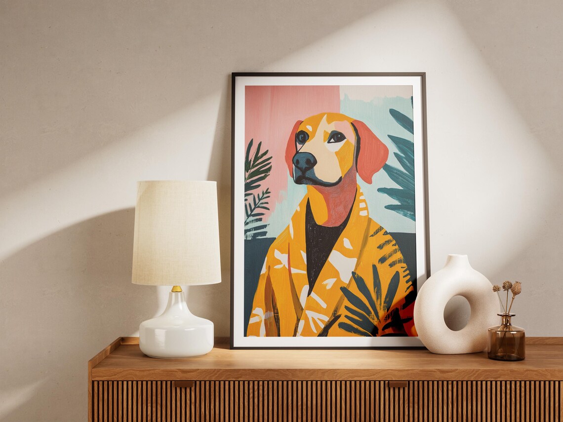 Tan Dog in Yellow Floral Robe Tropical Bathroom Funny Dog Poster - Image 5