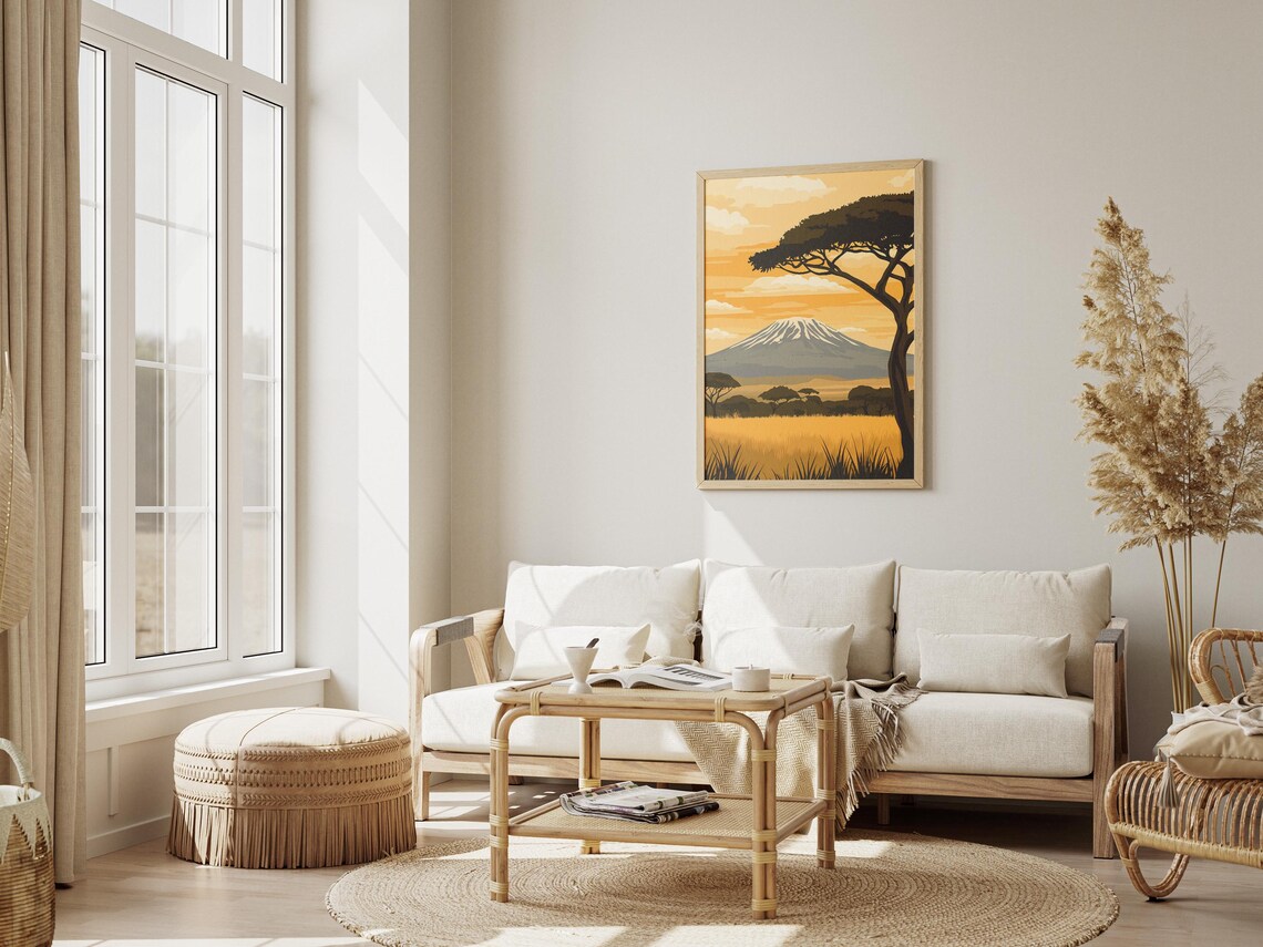 Arusha Tanzania Golden Savanna Snowy Volcano Sunset Travel Poster - Image 3