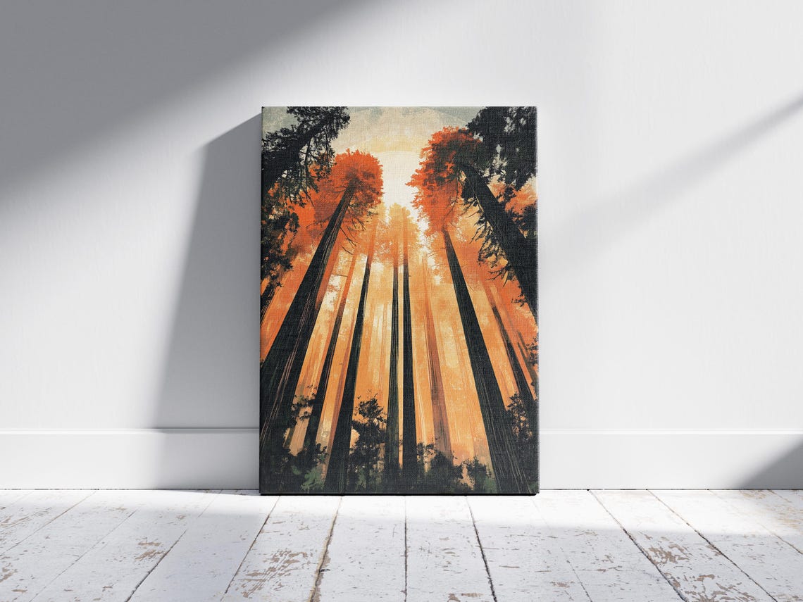 Towering Redwood Trees Orange Sunset Glowing Canopy Sky Poster - Image 2