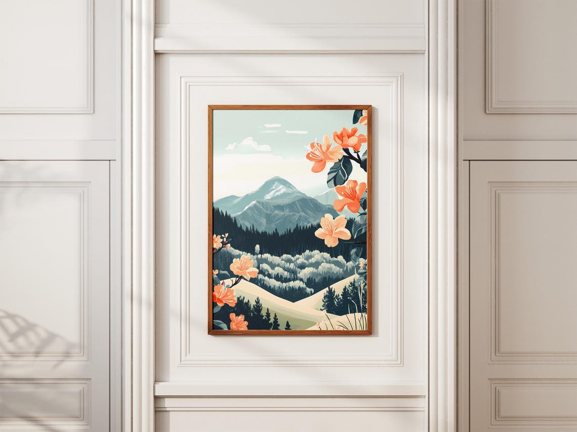 Mountain Azaleas Blooming Above Snowy Forest Slopes Landscape Poster - Image 2