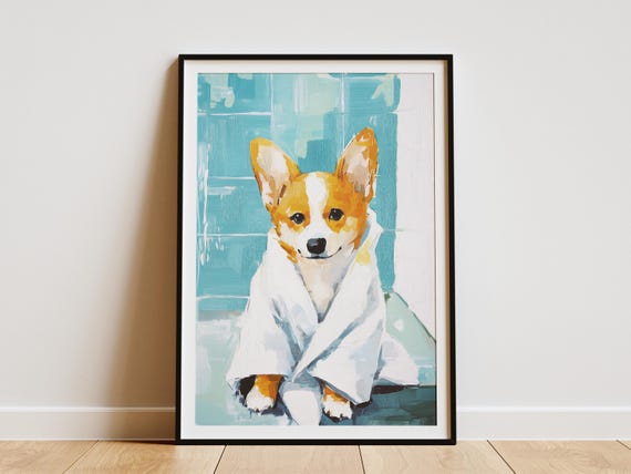 Cute Corgi Puppy In Bathrobe Poster Bathroom Wall Art Dog Lover Gift Print Pet Portrait Watercolor Style Illustration
