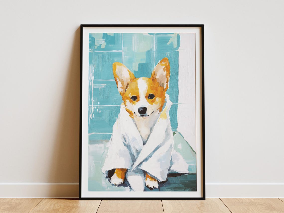 Corgi Puppy Wrapped In White Towel Poster Cute Dog Bathroom Home Decor