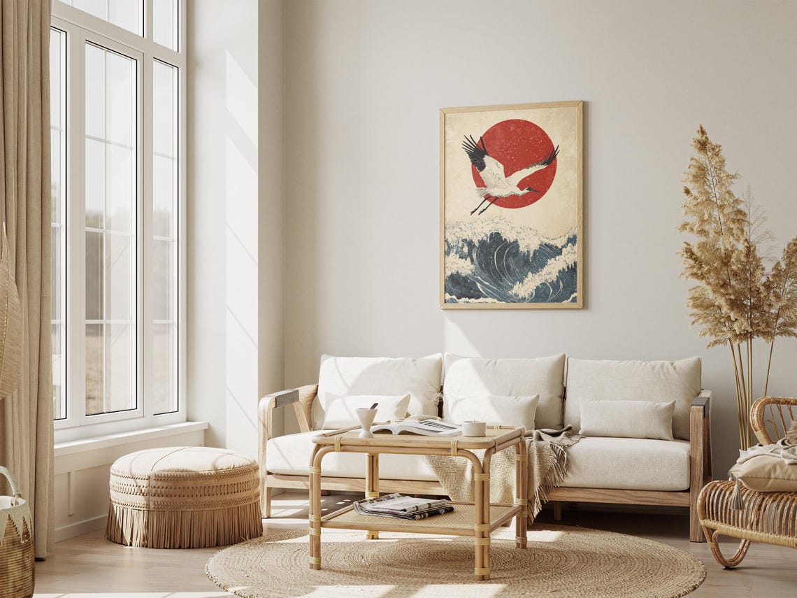 Japanese Red Crowned Crane Flying Over Red Sun Ocean Wave Art Poster - Image 4