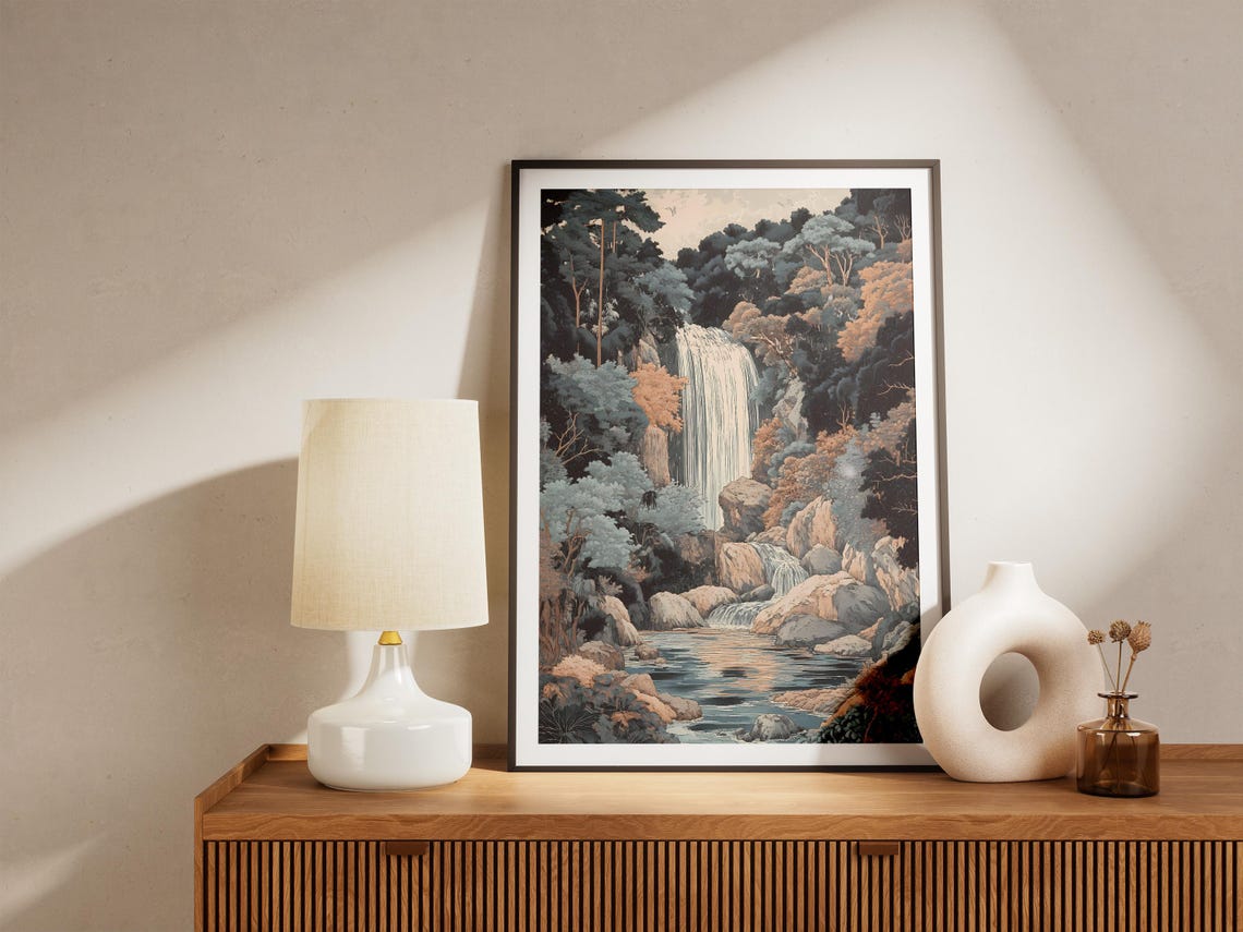 Tall Forest Waterfall Cascading into Rocky Pool Nature Poster - Image 5