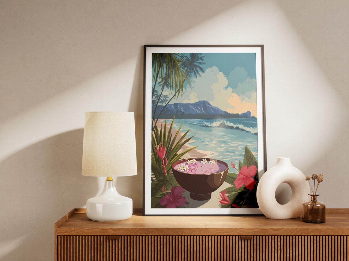 Hawaiian Poi Bowl With Beach Diamond Head Vintage Travel Poster - Image 4