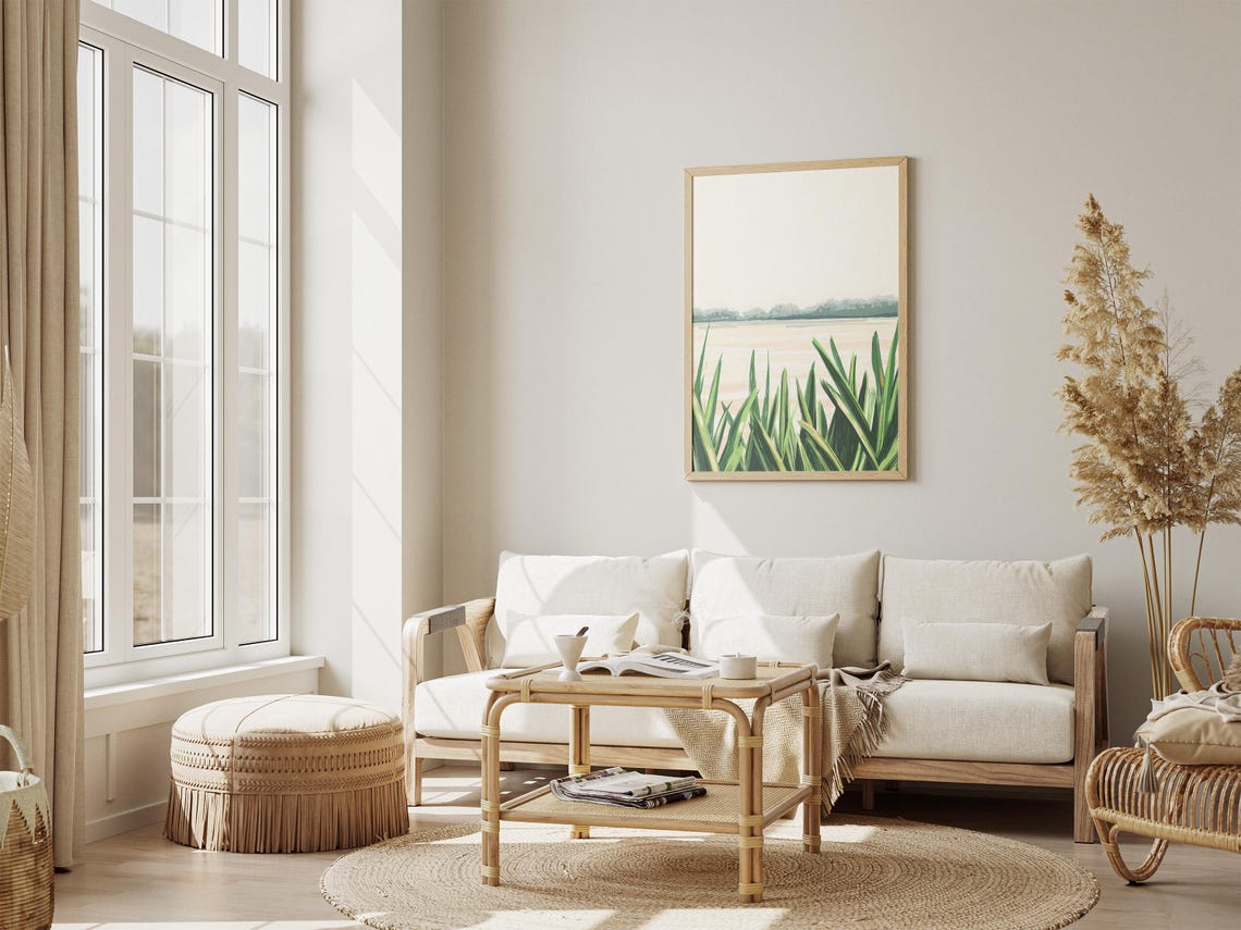 Lakeshore Green Reeds Minimalist Calm Water Landscape Poster - Image 4