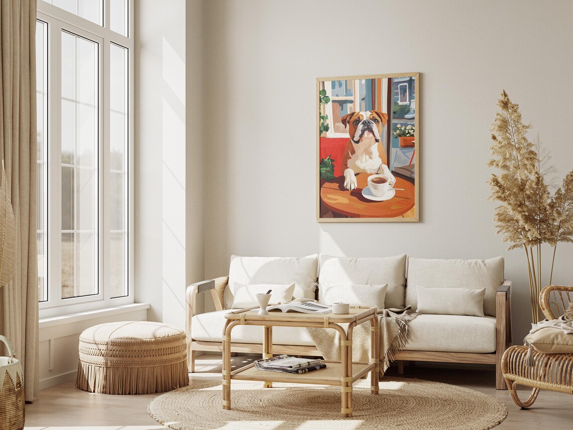 English Bulldog with Coffee at a Sunny City Cafe Table Dog Poster - Image 3