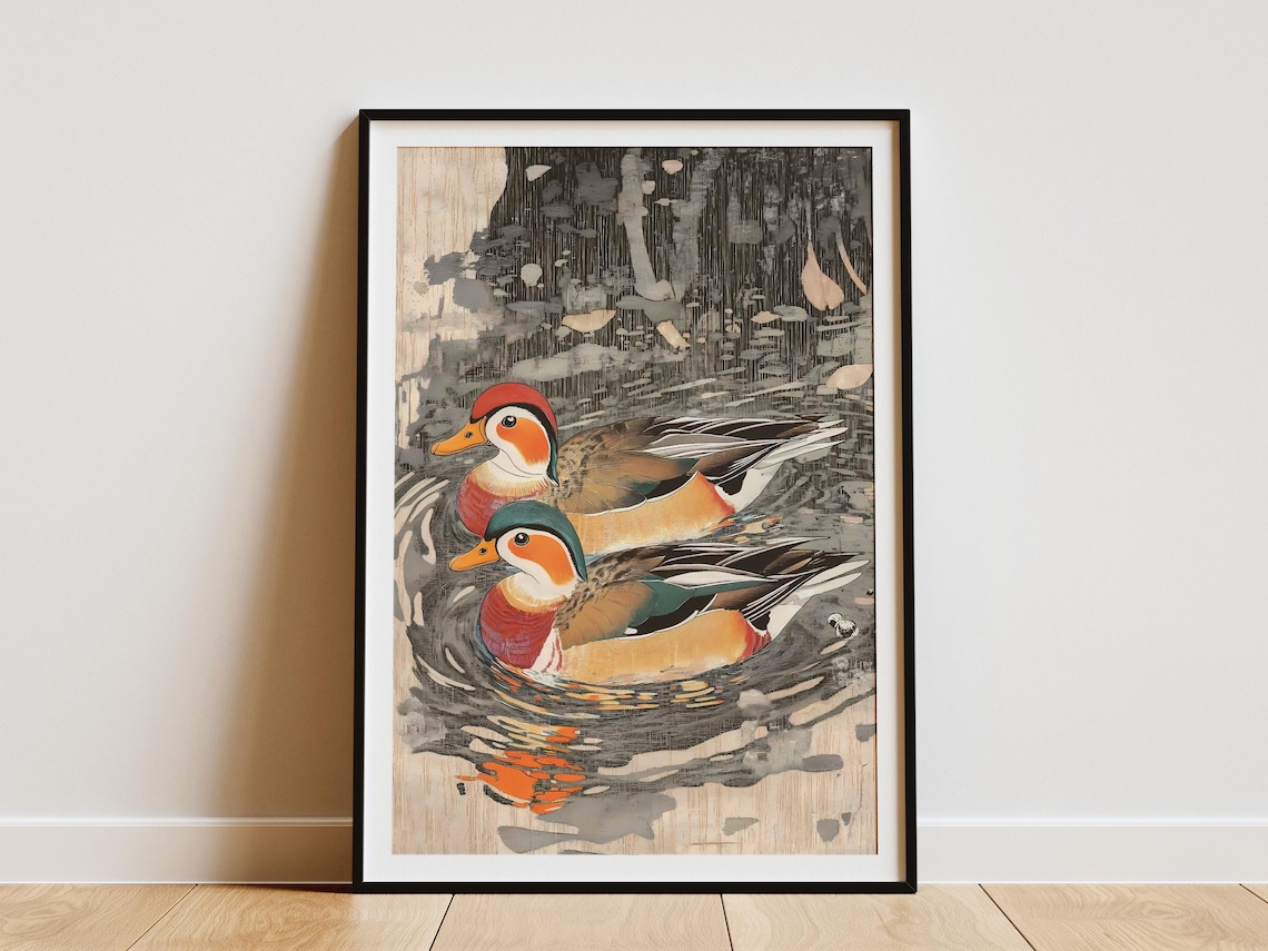 Mandarin Duck Couple Swimming Watercolor Bird Illustration Poster