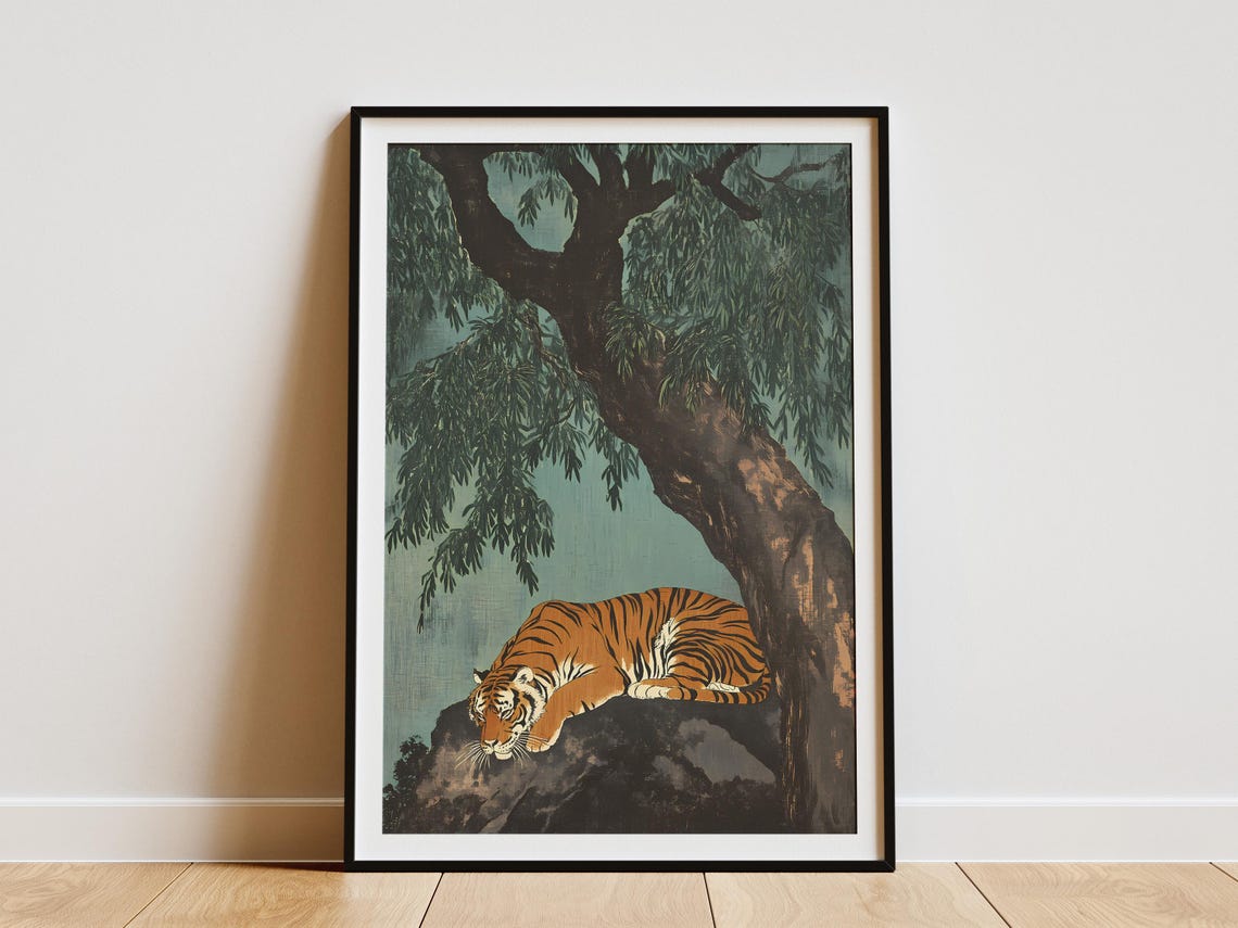 Resting Tiger Under Banyan Tree Vintage Asian Wildlife Art Poster