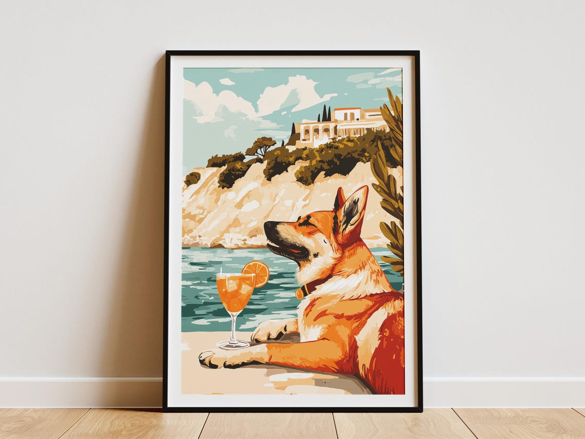 German Shepherd Relaxing With Cocktail By The Sea Cliff Villa Poster