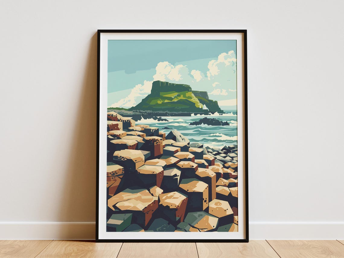 Rocky Coast Basalt Cliffs Green Headland Vintage Scenic Art Poster