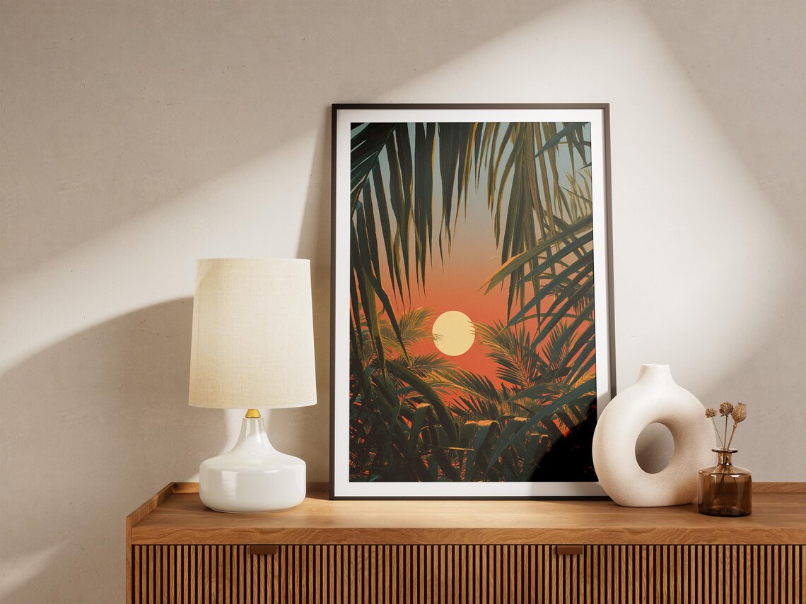 Sunset Through Palm Fronds Tropical Orange Sun Moody Jungle Art Poster - Image 4