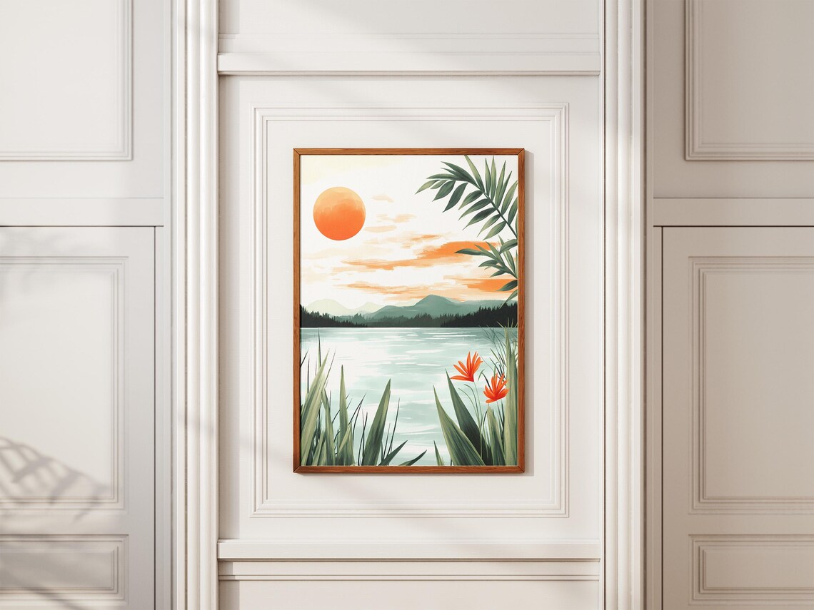 Orange Sunset Over Still Lake With Tropical Red Flowers Poster - Image 2