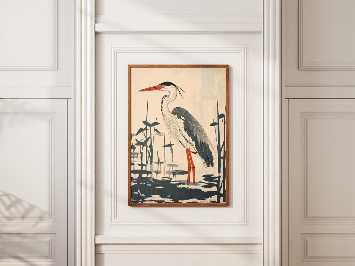 Grey Heron Standing In Marsh Reeds Minimalist Ink Art Poster - Image 2