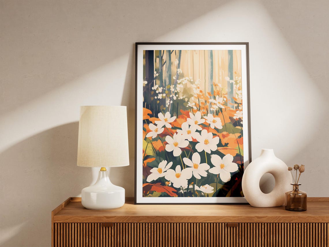White Anemones With Orange Autumn Leaves Forest Floral Poster - Image 5