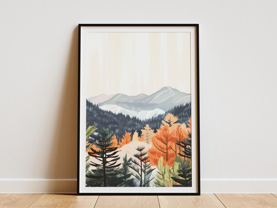 Mountain Forest Foggy Landscape Art Print Abstract Nature Wall Decor Bohemian Home Decor Pine Tree Poster Modern Minimalist Calm Nature