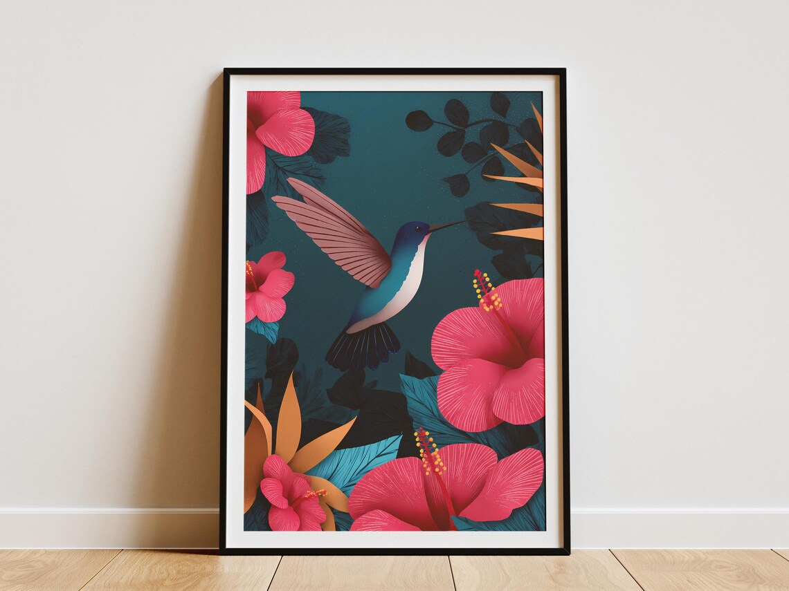 Hummingbird Among Pink Hibiscus Flowers Tropical Botanical Poster