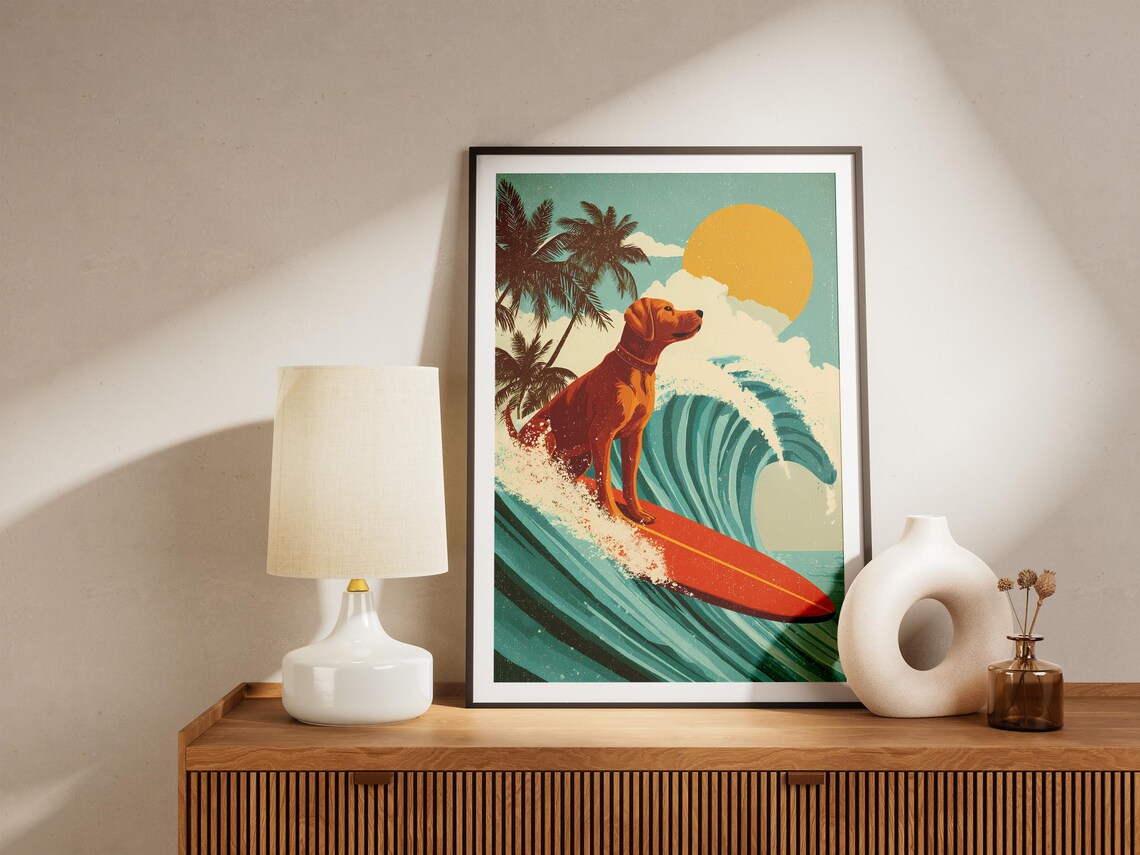 Surfing Dog Riding Wave Retro Beach Art Funny Canine Surf Poster - Image 4