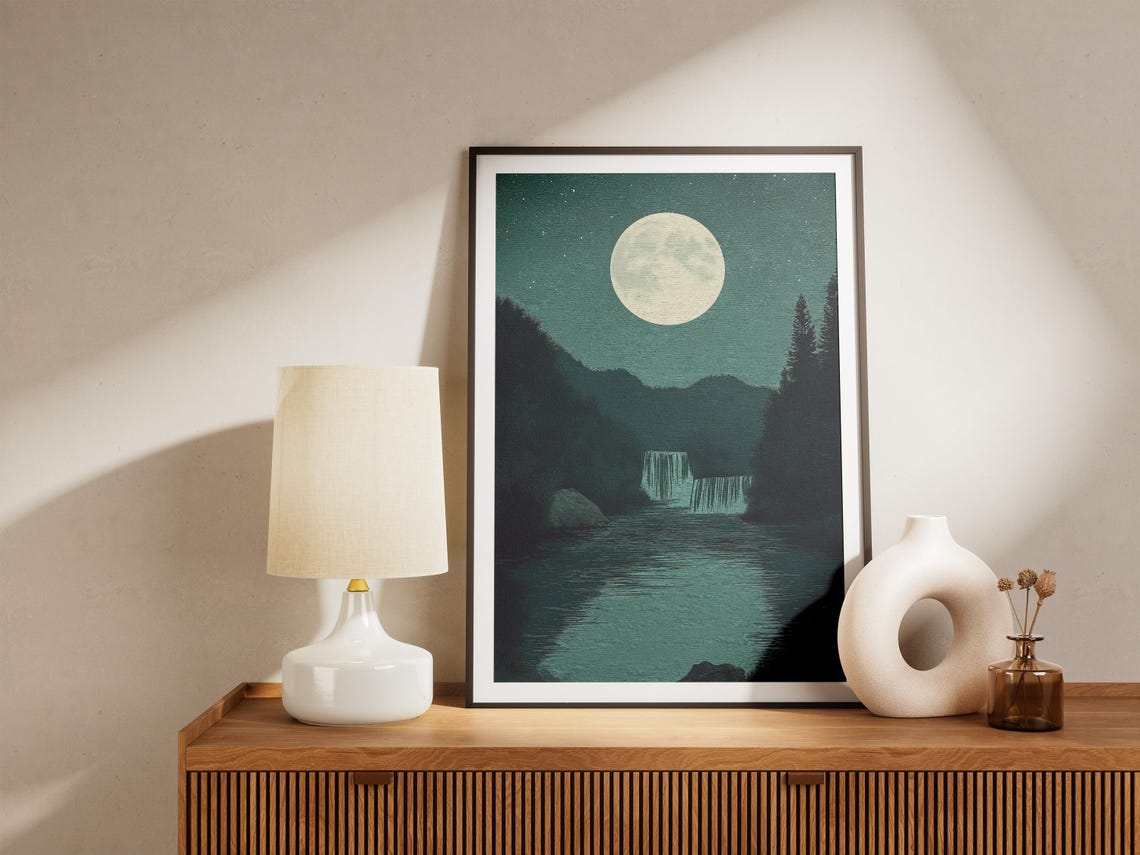 Plitvice Moonlit Waterfall Under Full Moon Teal Night Poster - Image 4
