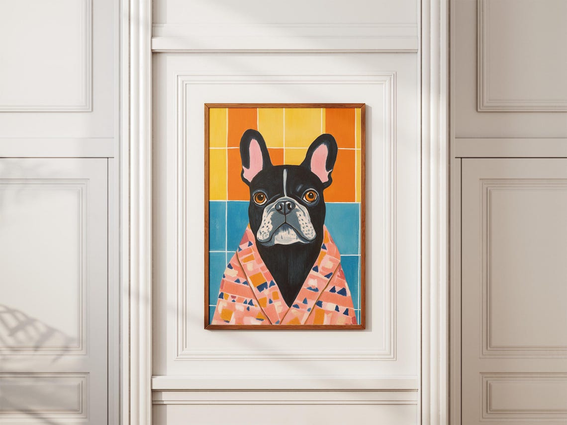 Cute Black French Bulldog in Colorful Bathrobe Pop Art Poster - Image 2
