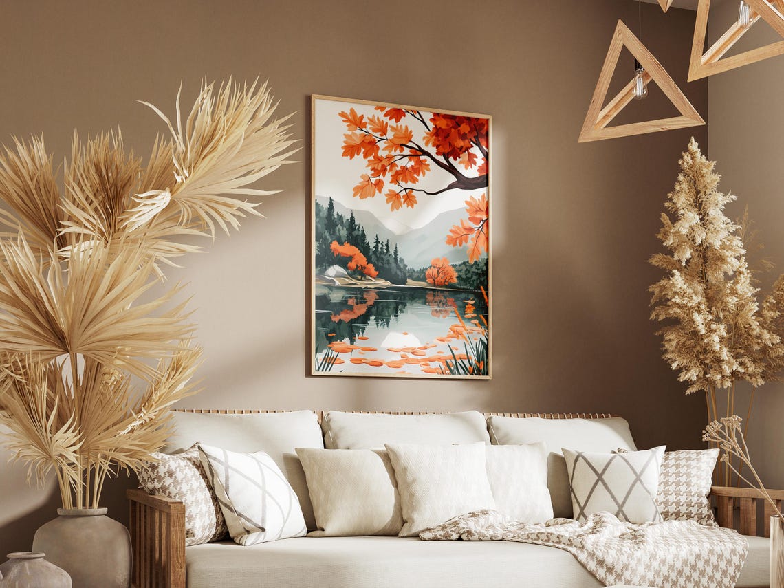 Autumn Lake Under Orange Maple Branches Mountain Scenery Poster - Image 3