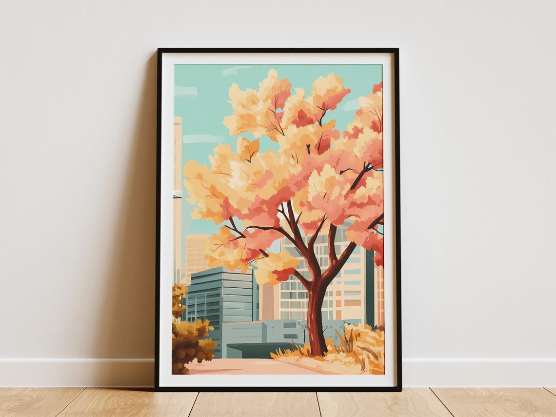 Modern City Towers Behind Blossoming Peach Autumn Tree Art Poster