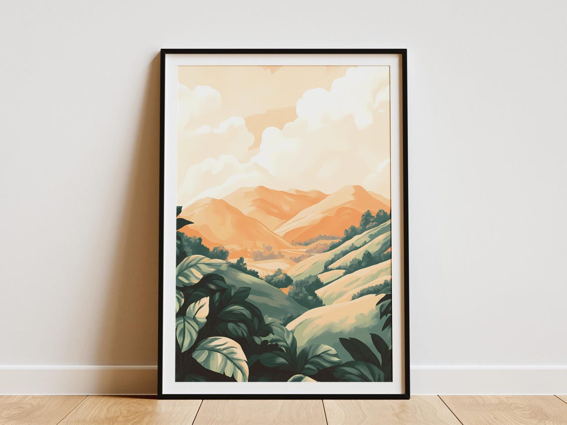 Orange Hills Framed By Tropical Foliage Modern Landscape Poster