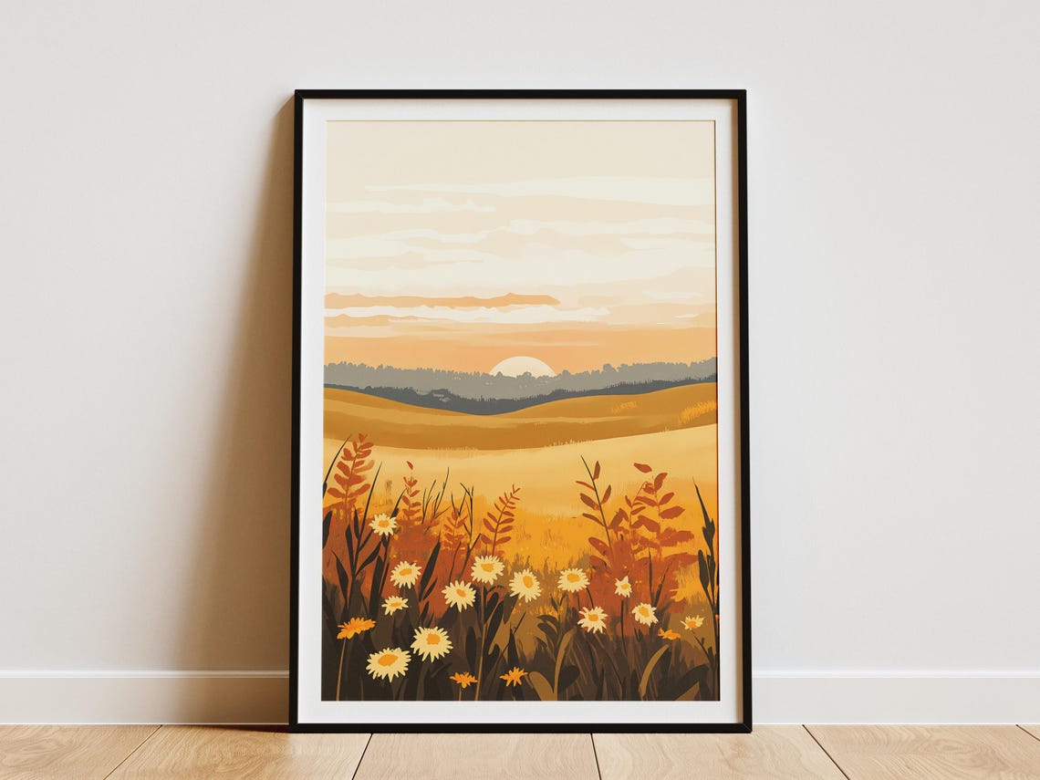 Sunrise Daisy Meadow Rolling Amber Hills Soft Landscape Poster