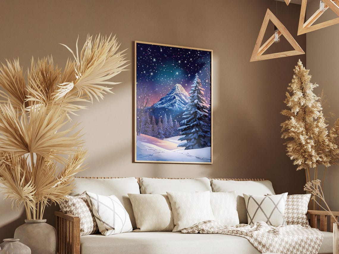 Snowy Mountain Peak Glowing Under a Starry Night Sky Winter Poster - Image 3