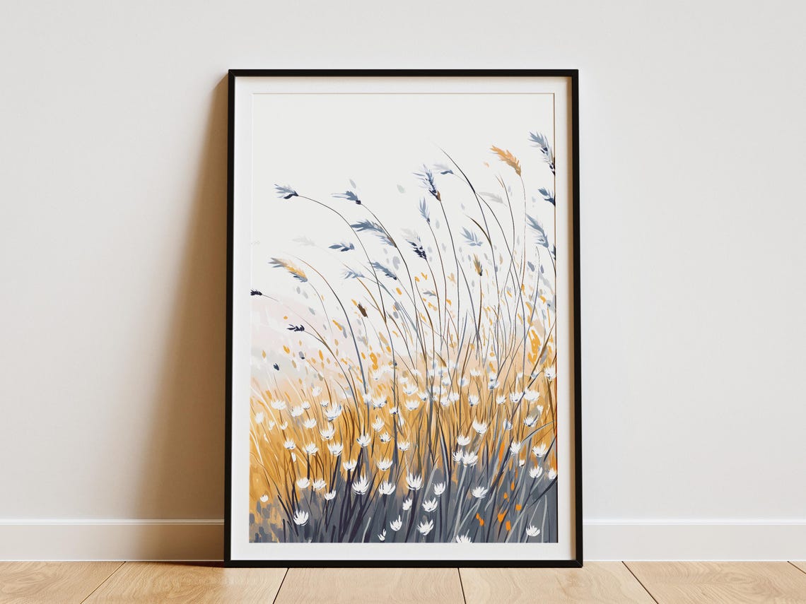 Minimalist White Wildflower Watercolor Poster in Blue and Gold