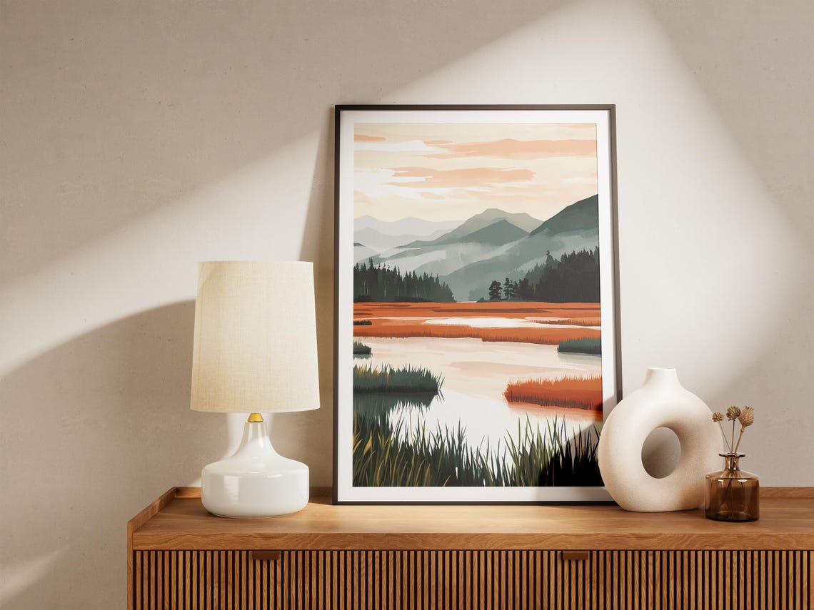 Misty Rust-Orange Rice Paddies Reflecting Teal Mountains Poster - Image 5