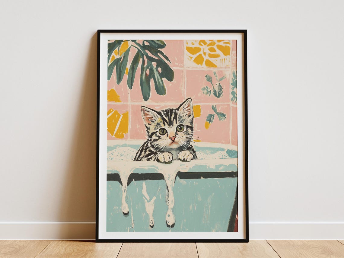 Tabby Kitten in Foamy Bubble Bath Floral Pink Bathroom Cat Poster