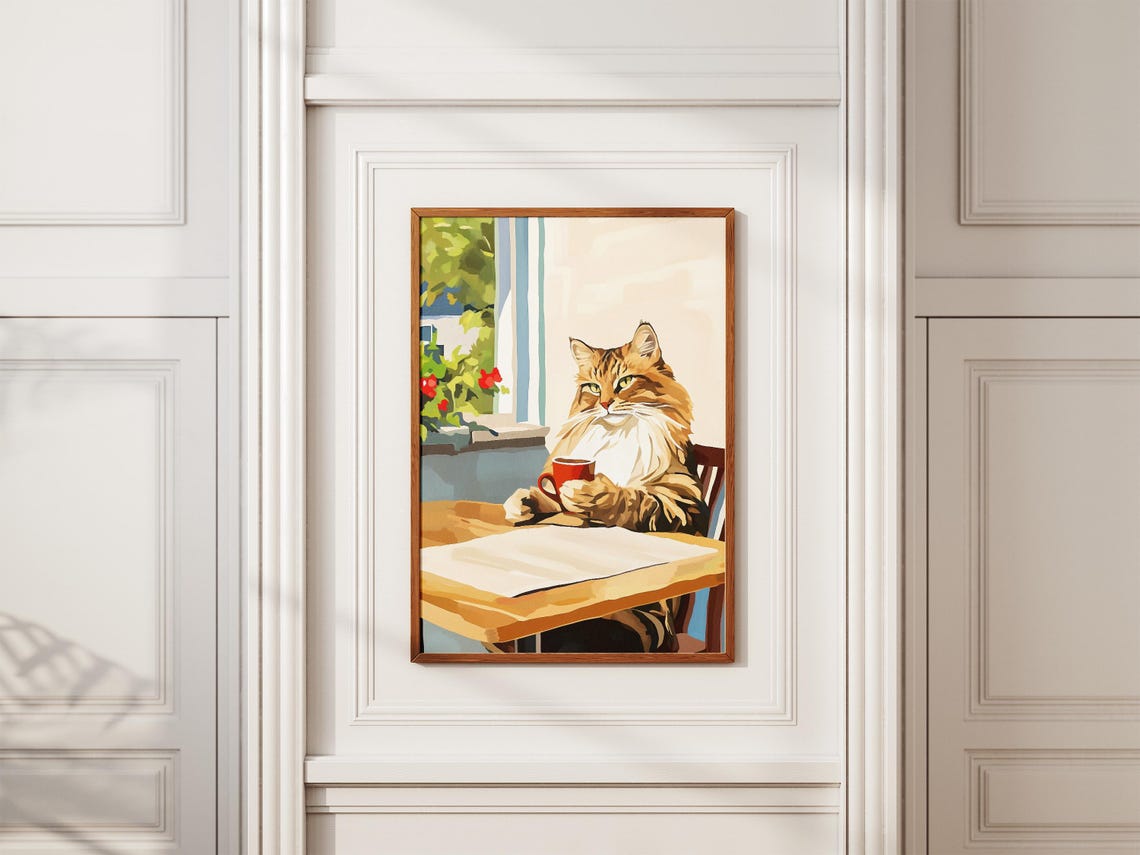 Fluffy Maine Coon Cat Holding a Red Mug at Window Cafe Poster - Image 2