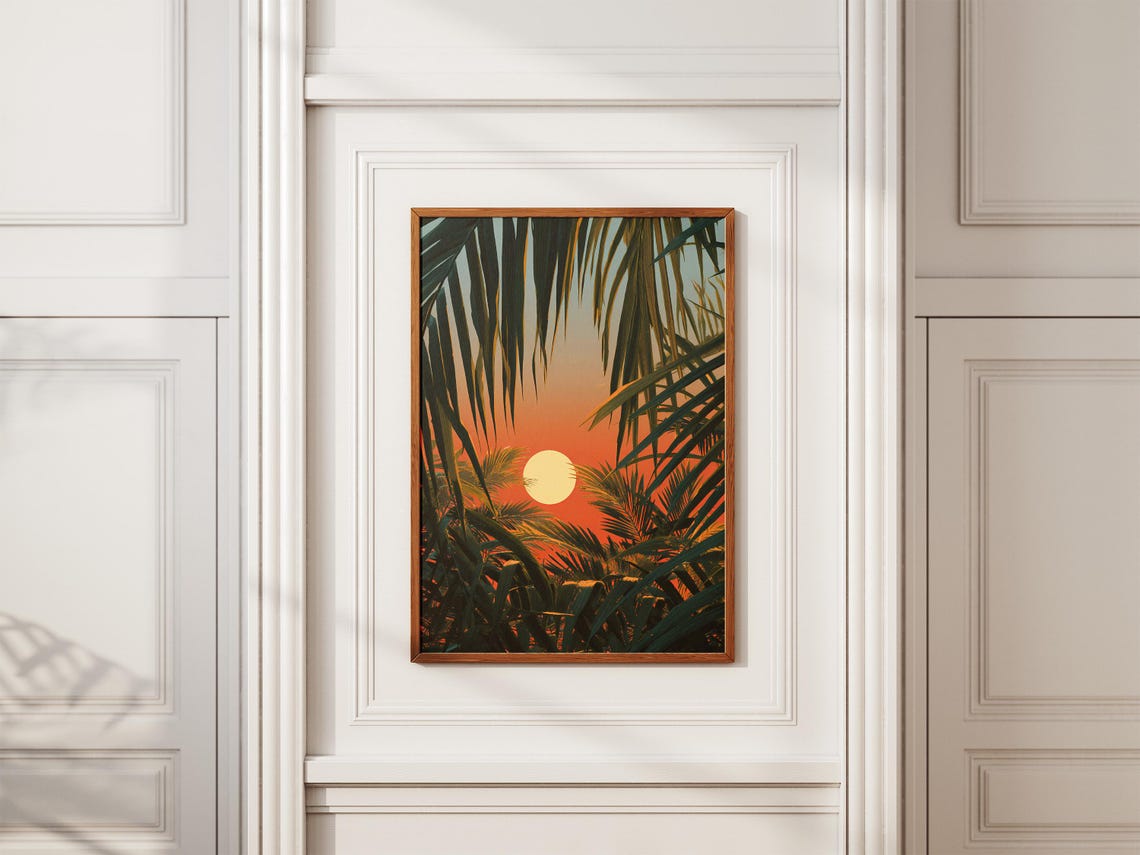 Sunset Through Palm Fronds Tropical Orange Sun Moody Jungle Art Poster - Image 2