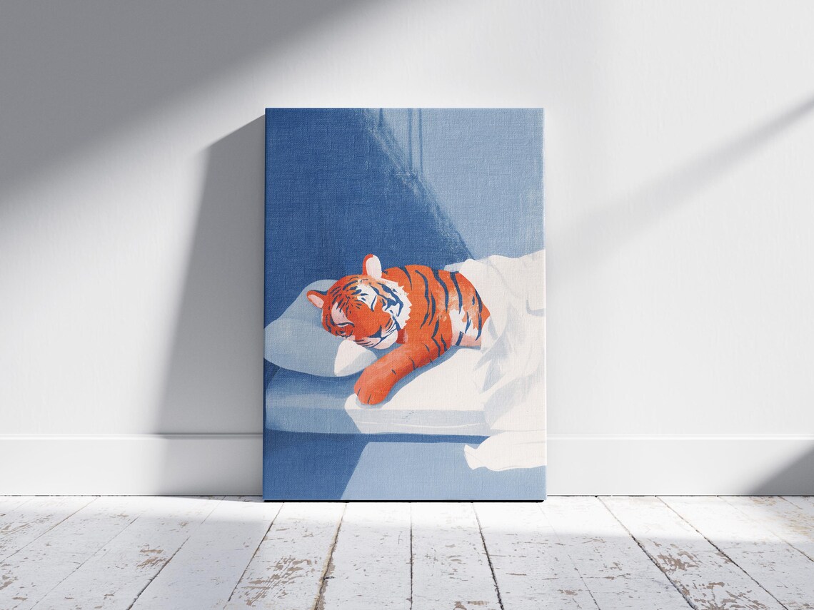 Sleeping Tiger Cub on White Bed Blue Duvet Matisse Style Poster - Image 2
