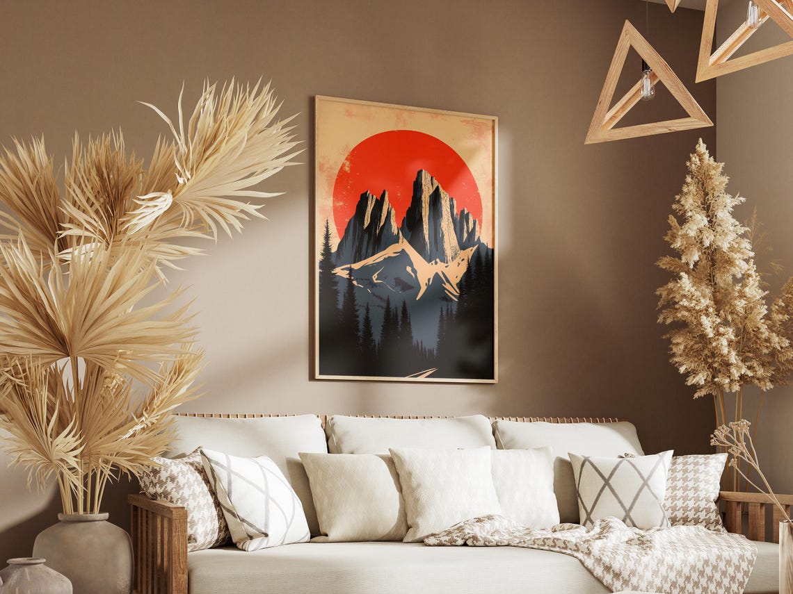Dolomites Italy Jagged Gray Peaks Red Sun Retro Travel Poster - Image 3