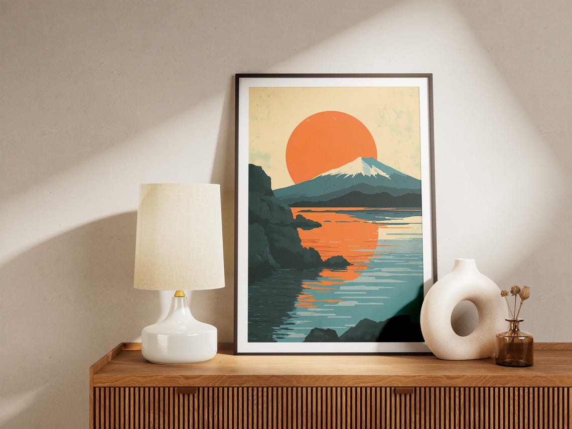 Giant Orange Sun Snowcapped Volcano Lake Sunset Nature Poster - Image 5