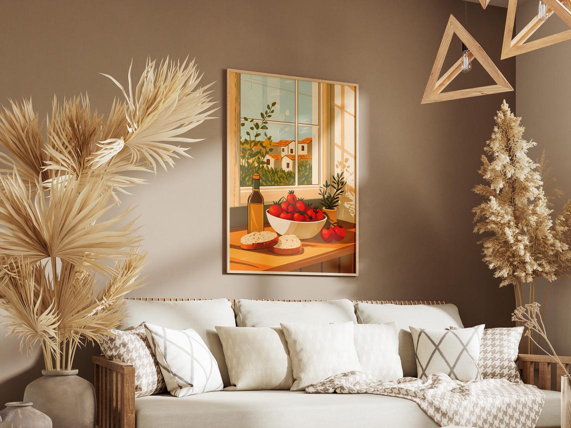 Mediterranean Window Tomatoes Bread Olive Oil Village View Poster - Image 3