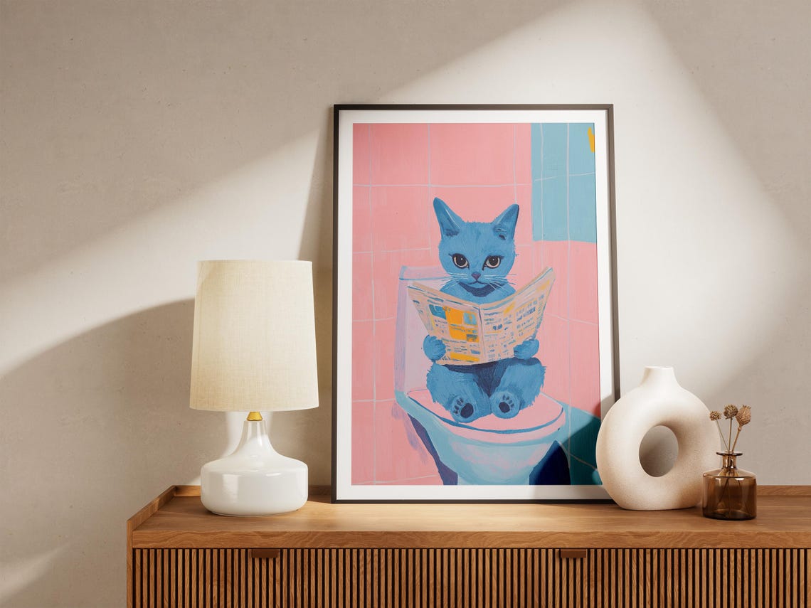 Blue Gray Cat on Toilet Reading Newspaper Funny Bathroom Cat Poster - Image 4
