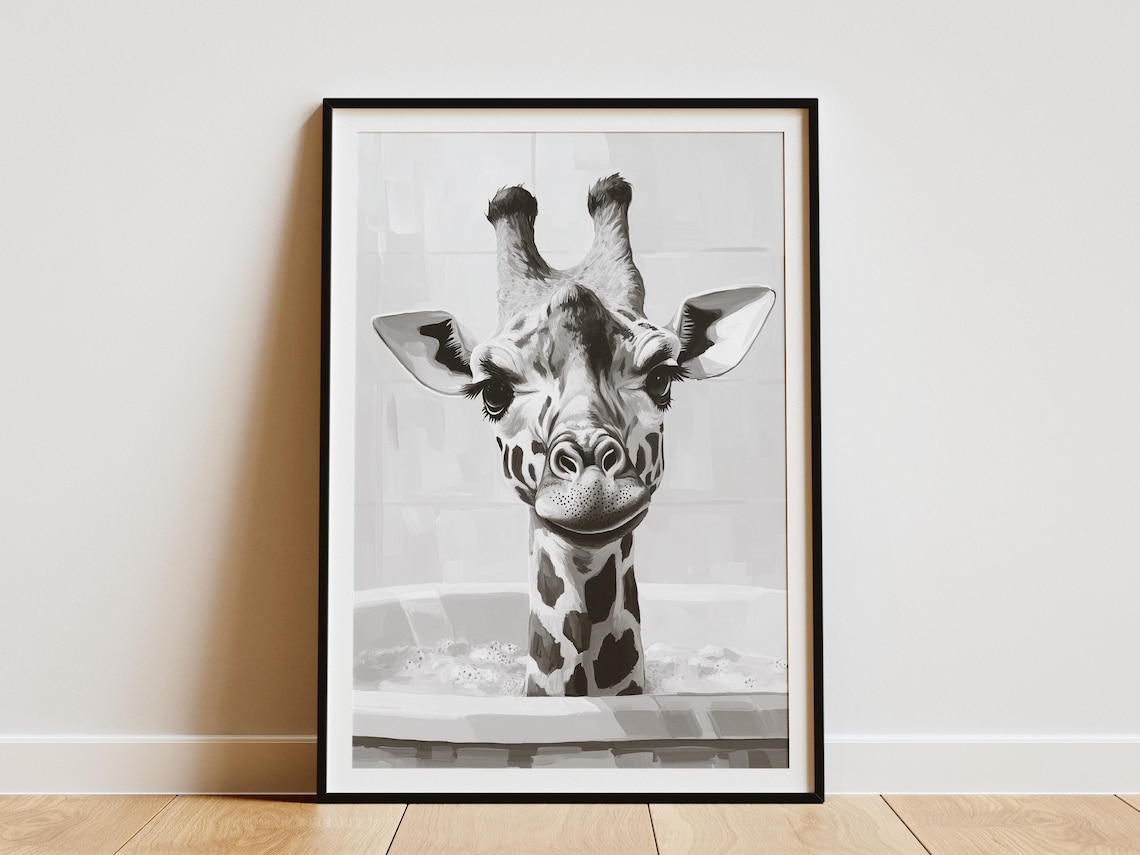 Giraffe In A Bathtub Black And White Minimalist Bathroom Poster