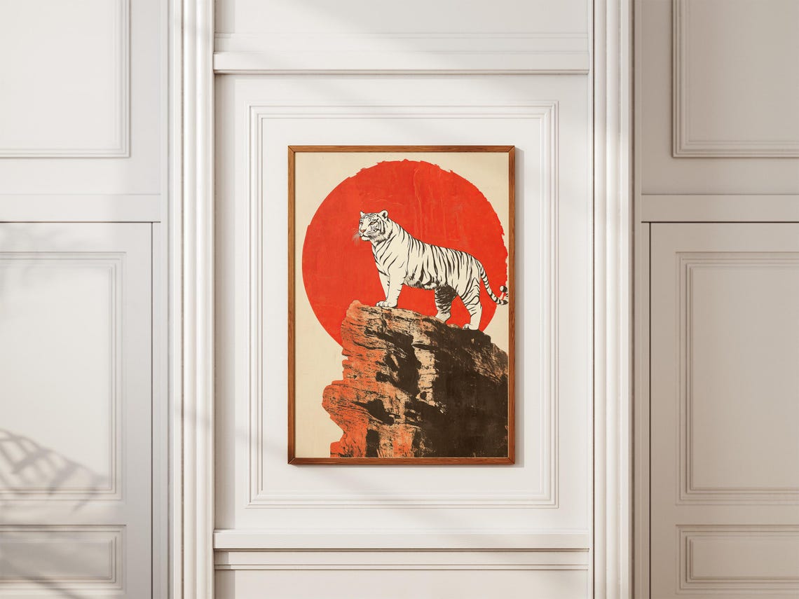 White Tiger Standing on Red Rock Before Giant Red Sun Art Poster - Image 2
