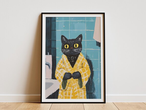 Black Cat Yellow Bathrobe Teal Bathroom Whimsical Art Poster