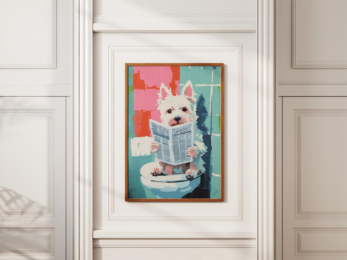 West Highland Terrier on Toilet Reading Newspaper Funny Poster - Image 2
