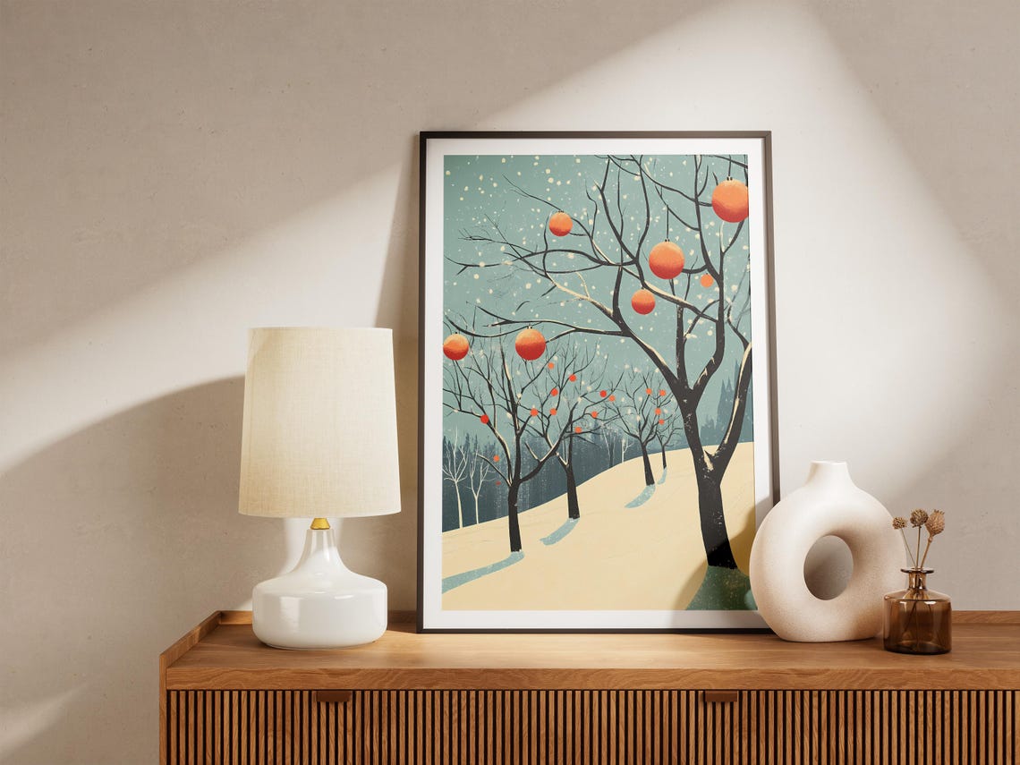 Winter Orchard with Orange Ornaments on Snowy Branches Poster - Image 5